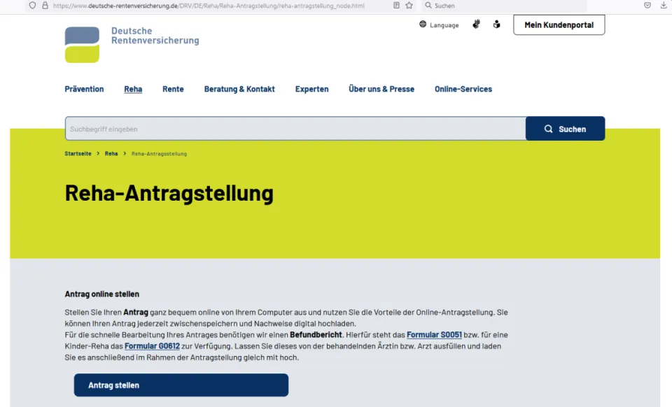 Online-Reha-Antrag auf der Internetseite der Deutschen Rentenversicherung.