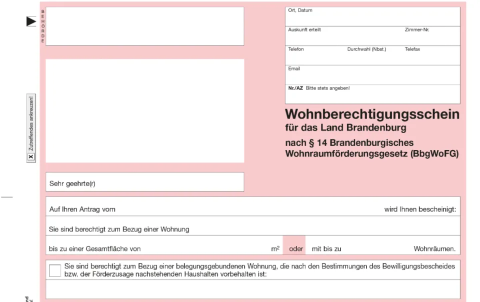 Muster eines Wohnberechtigungsscheins für das Land Brandenburg.