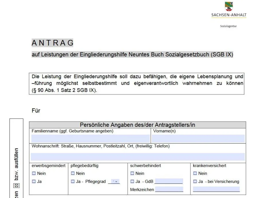 Muster-Formular "Antrag Eingliederungshilfe" im Bundesland Sachsen-Anhalt