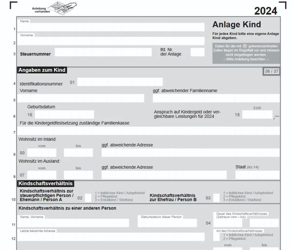 Formular "Anlage Kind" in der Steuererklärung