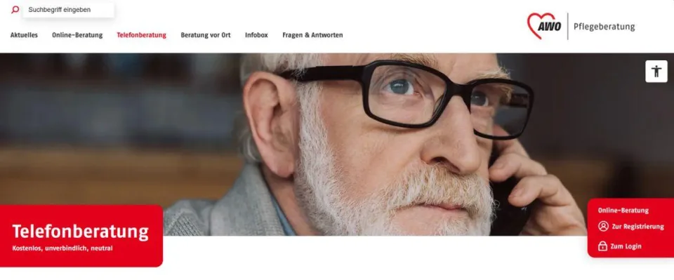 Ansicht der Internetseite AWO-Pflegeberatung-Telefonberatung