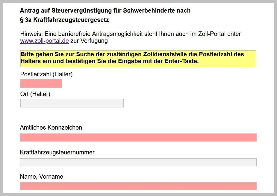 Formular Antrag auf Steuervergünstigung für Schwerbehinderte