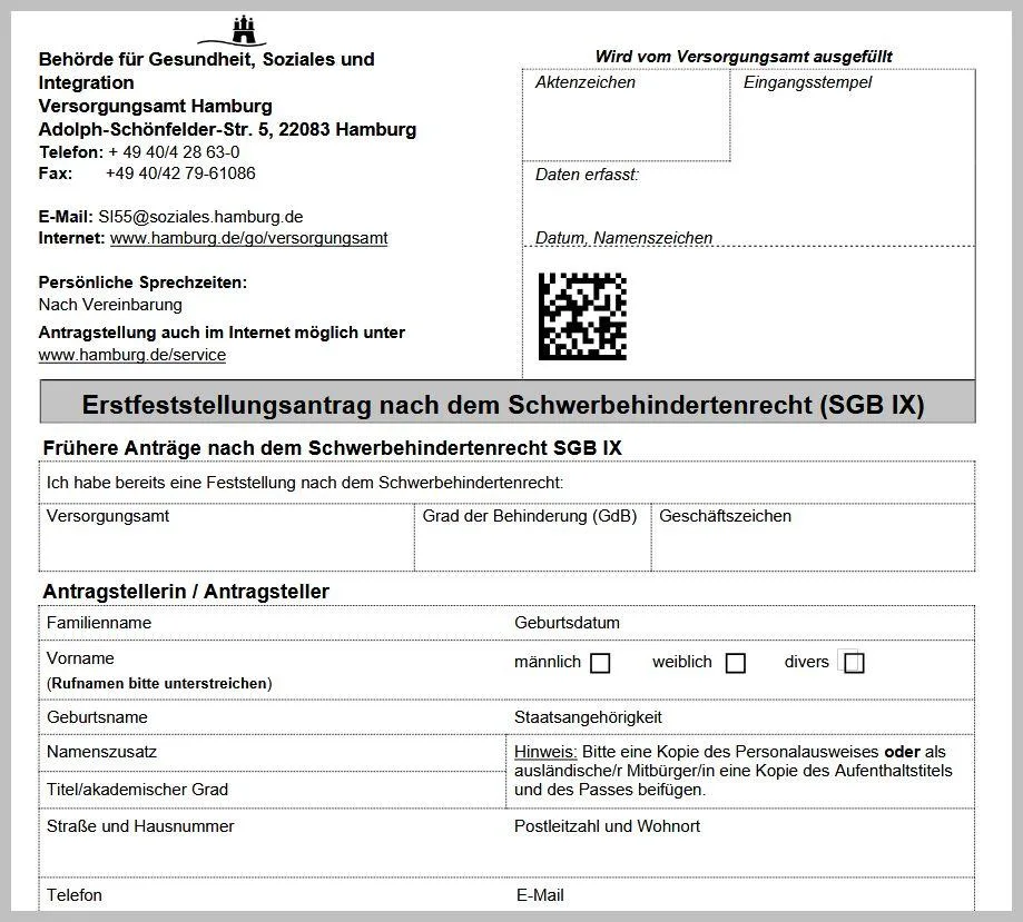 Formular „Erstantrag nach dem Schwerbehindertenrecht“ der Stadt Hamburg
