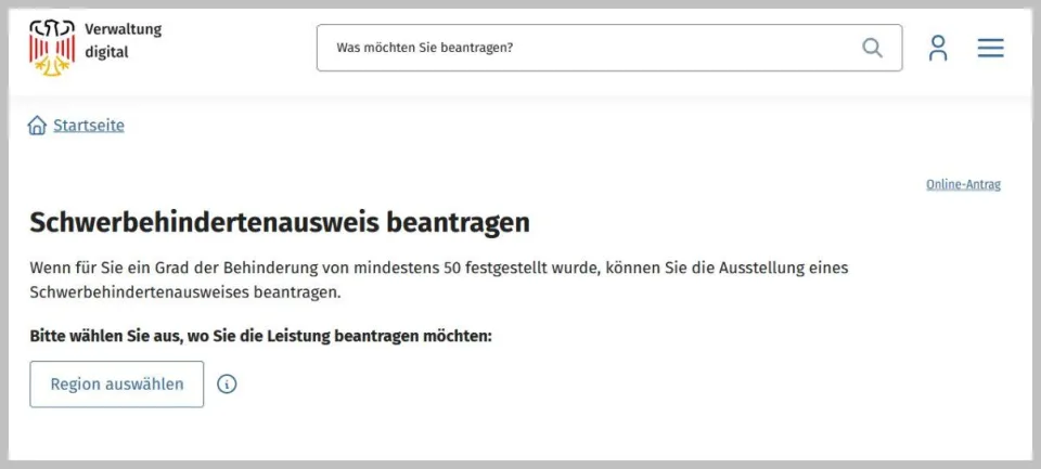 Internetseite „Verwaltung.digital“ - Schwerbehindertenausweis beantragen
