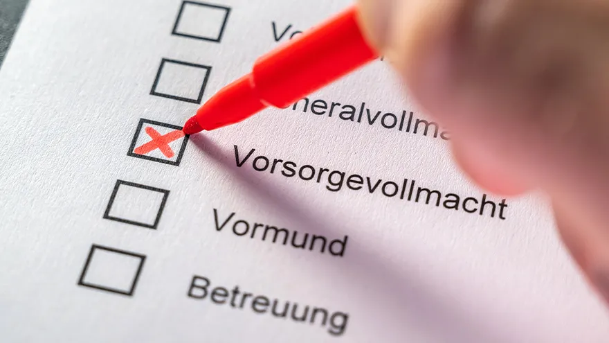 Checkliste, bei der "Vorsorgevollmacht" angekreuzt wird.