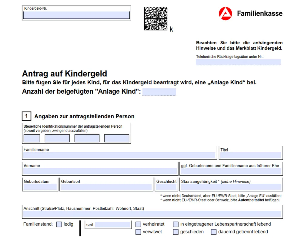 Formular "Antrag Kindergeld"