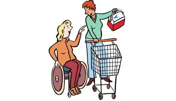 Zwei Frauen beim Einkaufen. Eine Frau sitzt im Rollstuhl, die andere schiebt einen Einkaufswagen.