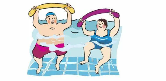 Ein Mann und eine Frau im Schwimmbad, sie machen Wassergymnastik.