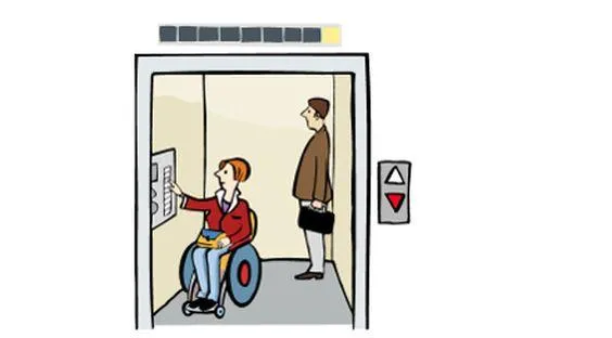 Zwei Personen in einem Fahrstuhl. Eine davon sitzt in einem Rollstuhl.