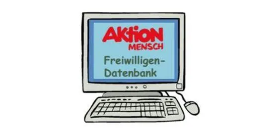 Ein Computer mit Bildschirm. Darauf steht: "Freiwilligen-Datenbank".