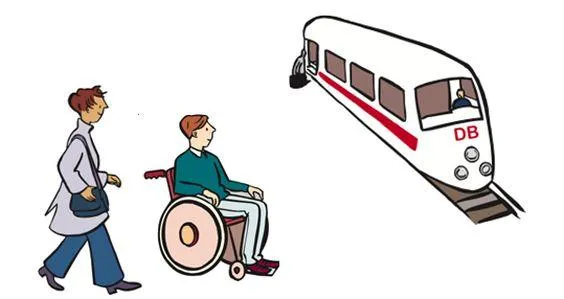 Eine Frau und ein Mann im Rollstuhl vor einem ICE.