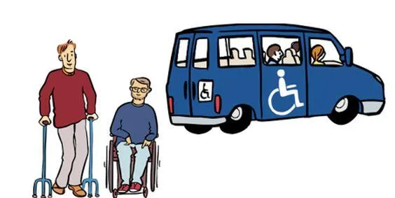 Menschen mit Behinderung, daneben ein Auto.