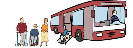 Ein Bus, davor Menschen mit Behinderung