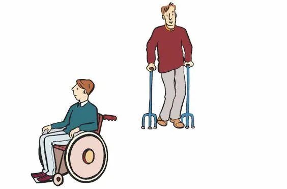 Ein Mann im Rollstuhl und ein Mann mit einer Gehhilfe.