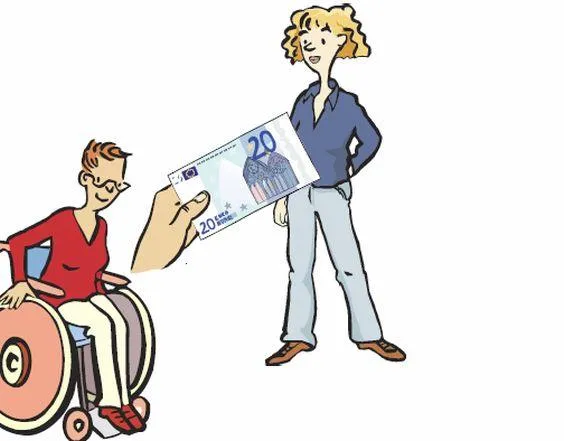 Eine frau im Rollstuhl, daneben eine Hand mit Geld und eine andere Frau.