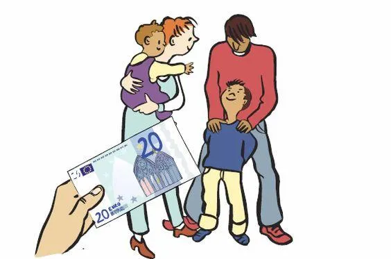 Eine Familie,daneben eine Hand mit einem Geldschein.
