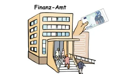 Finanzamt, daneben eine Hand mit Geld.