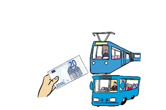 Ein Bus und eine Straßenbahn, daneben eine Hand mit einem Geldschein.
