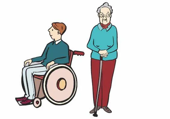 Ein Mann im Rollstuhl und eine ältere Frau.
