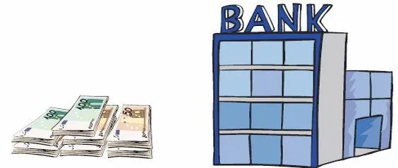 Ein Bank-Gebäude, daneben liegt ein Stapel Geldscheine.