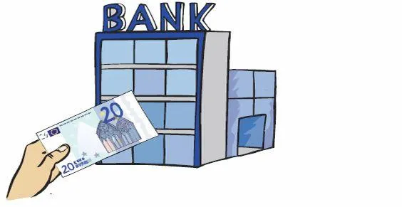Ein Bank-Gebäude, daneben eine Hand mit einem Geldschein.