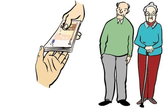 Ein Rentner und eine Rentnerin. Daneben Geldscheine in zwei Händen.