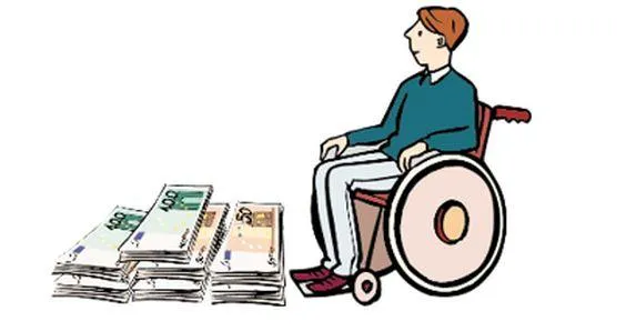 Ein Mann sitzt in einem Rollstuhl. Davor liegen Geldscheine.