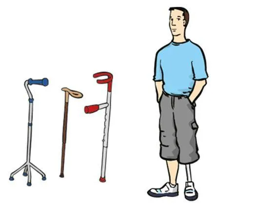 Verschiedene Gehhilfen, daneben ein Mann mit einer Beinprothese.