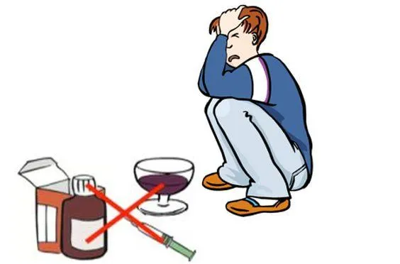 Ein Mann sitzt in der Hocke und hält seine Arme über seinem kopf zusammen. Davor Medikament, Alkohol und eine Spritze, die durchgestrichen sind.