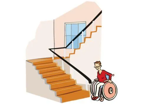 Eine Frau im Rollstuhl vor einer Treppe.