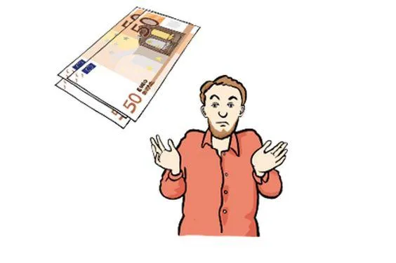 Euro-Geldscheine, daneben ein Mann, der Arme und Schultern hebt.