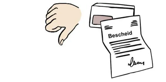 Ein Brief, auf dem "Bescheid" steht. Daneben eine Faust mit Daumen nach unten.