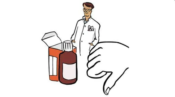 Ein Arzt, Medikamente, daneben eine Hand mit Daumen nach unten.