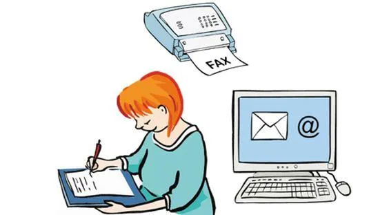 Eine Frau schreibt einen Brief, daneben ein Faxgerät und ein Computer.