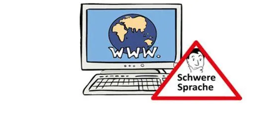 Ein Internetcomputer, daneben ein Achtung-Schild in dem steht: Schwere Sprache.