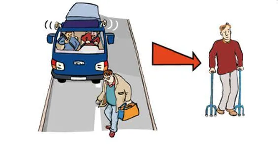 Ein Mann wird auf einer Straße von einem Auto angefahren. Daneben ein Pfeil und ein Bild von dem gleichen Mann mit einer Gehhilfe.