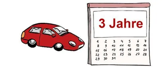 Ein Auto, daneben ein Kalender auf dem steht: 3 Jahre.