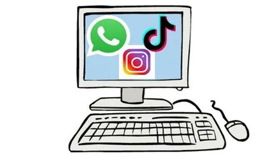 Ein Computer mit Bildschirm. Auf dem Bildschirm sind die Symbole von verschiedenen Apps zu sehen.