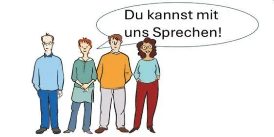 Mehrere Erwachsene stehen nebeneinander. Darüber eine Sprechblase, in der steht: "Du kannst mit uns sprechen!"