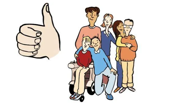 Mehrere Jugendliche stehen nebeneinander. Daneben eine Hand mit dem Daumen nach oben.