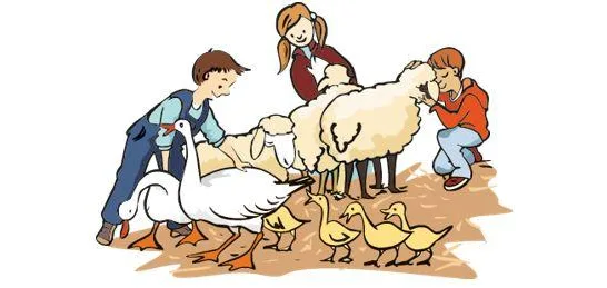 Mehrere Kinder, die Schafe und Gänse streicheln.