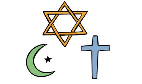 Ein David-Stern, ein islamischer Halbmond und ein Kreuz als Symbole für Judentum, Islam und Christentum.