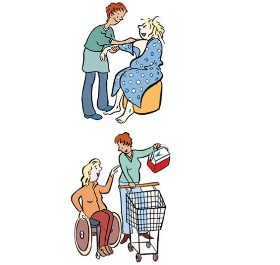 Eine Frau hilft einer anderen Frau beim Anziehen. Darunter eine Frau,die einer Frau im Rollstuhl beim Einkaufen hilft.