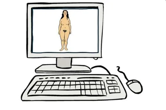 Ein Computer mit Bildschirm. Auf dem Bildschirm ist eine nackte Frau zu sehen.