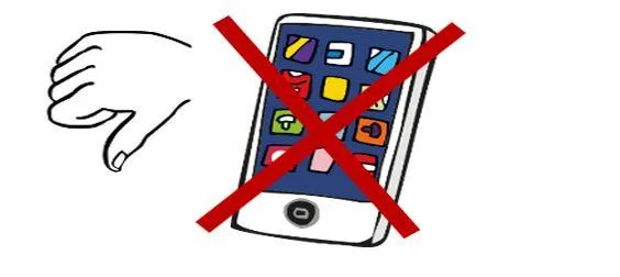 Ein Handy, durchgestrichen. Daneben eine Hand mit Daumen nach unten.