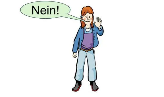 Ein Kind hebt seinen Arm und seine Hand und sagt: Nein!