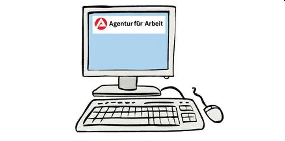 Ein Computer mit Bildschirm. Auf dem Bildschirm steht "Agentur für Arbeit".