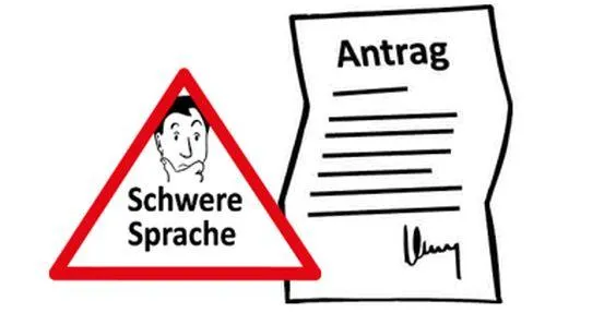 Ein rotes Achtung-Dreieck, in dem steht: Schwere Sprache. Daneben ein Brief, auf dem "Antrag" steht.