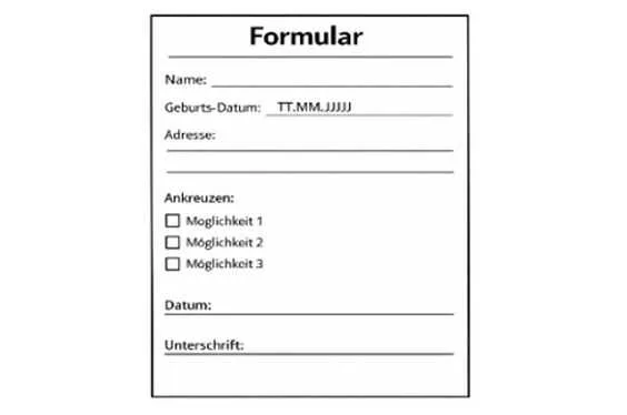 Ein Blatt Papier mit der Überschrift: Formular.