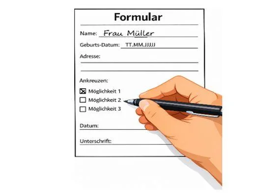 Eine hand mit einem Kugelschreiber füllt ein Formular aus.